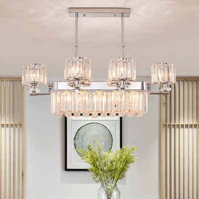Drum Dining Room Island Pendant Light Modernist Crystal Block 6-Bulb Chrome Hanging Ceiling Lamp