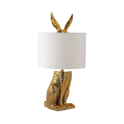 Fabric Drum Night Table Light Contemporary 1 Light Gold Nightstand Lamp with Rabbit Design