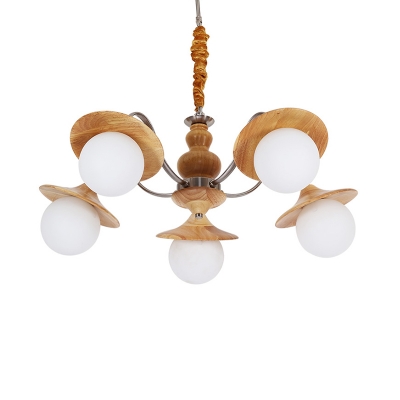 Flared Restaurant Hanging Chandelier Wood 5 Heads Modernism Pendant Lighting with Orb Cream Glass Shade