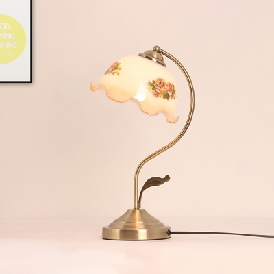 Flower Print White Glass Table Light Vintage 1 Light Study Room Reading Lamp in Brass