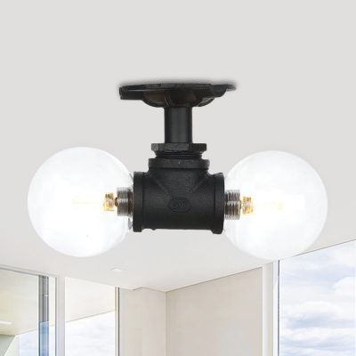 Globe Clear Glass LED Semi Flush Light Vintage 2 Heads Foyer Flush Mount Ceiling Lamp in Black