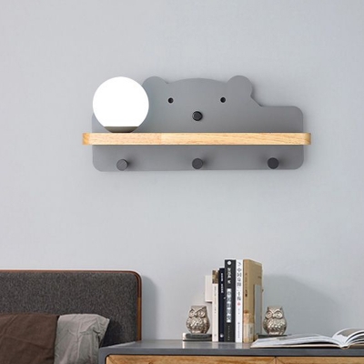 Iron Bear Wall Light Sconce Macaron 1 Bulb Green/White/Grey Wall Lamp with Wood Storage Board