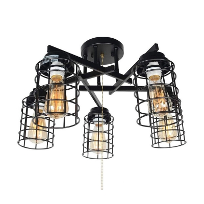 Iron Black Semi Mount Lighting Cylindrical Cage 5-Bulb Vintage Style Flushmount Lamp with Pull Chain