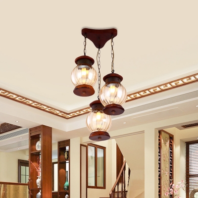Kerosene Tan Glass Cluster Pendant Industrial 3-Light Living Room Wood Hanging Lamp Kit in Copper