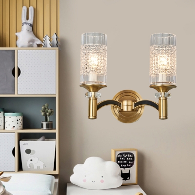Lattice Crystal Pillar Wall Lamp Mid Century 1/2-Light Sitting Room Sconce Ideas with Brass Curved Arm