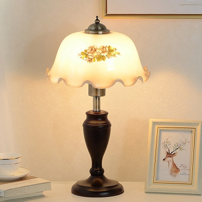 LED Night Table Light Country Style Bedroom Nightstand Lamp with Floral Tan/Cream Printing Glass Shade