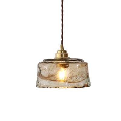 Modern 1 Light Pendant Lamp Gold Bowl Hanging Lighting with Amber Rippled Glass Shade