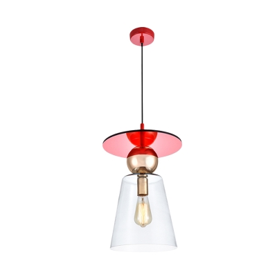 Modern Cup-Shape Hanging Lighting Clear Glass 1-Head Coffee Shop Pendant Ceiling Lamp with Red Disc Top