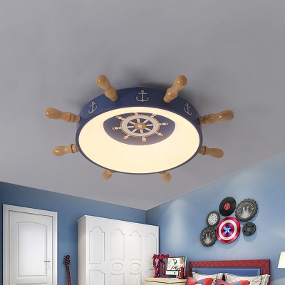 Nautical LED Flush Light Fixture Blue/Wood Rudder Ceiling Mount Lamp with Acrylic Shade in Warm/White Light