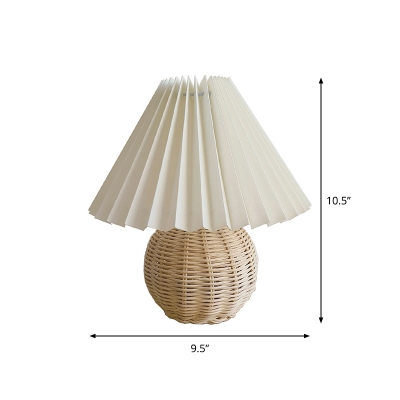 Nordic Flared Nightstand Light Gathered Fabric Single Living Room Table Lighting in White with Rattan Ball Base