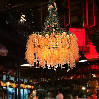 Orange Flower Chandelier Lighting Fixture Industrial 4-Bulb Restaurant Pendant with Round Cage