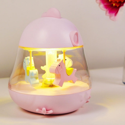 Plastic Carrousel Music Night Light Kids LED Night Table Lamp in Pink/Yellow/Blue with Clear Glass Shade