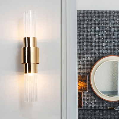 Post Modern Tube Wall Sconce Lighting Clear Ribbed Glass 2 Lights Corner LED Wall Lamp Fixture in Gold