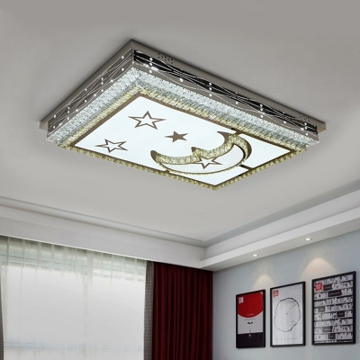 Rectangular Bedroom Ceiling Light Modernist Crystal LED Chrome Flushmount with Moon and Star Pattern