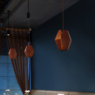Red Brown Diamond Ceiling Light Asian Style 1-Light Wood Pendant Lamp Fixture for Restaurant