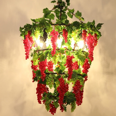 Red Round Chandelier Pendant Light Vintage Iron 6 Lights Restaurant Drop Lamp with Fruit Decor