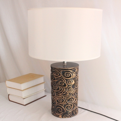 Resin Antiqued Bronze Nightstand Lamp Swirl Pattern Cylinder Single Rural Table Light with Drum Lampshade