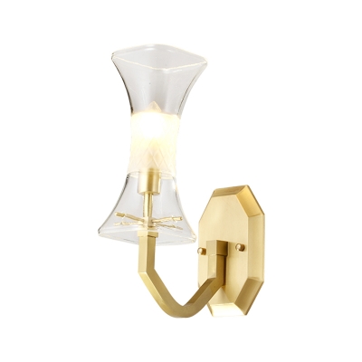 Retro Hourglass Wall Lighting 1-Light Clear Glass Wall Sconce with Brass Curved Arm