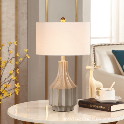 Ridged Vase Bedside Table Light Countryside Resin 1 Bulb Grey Nightstand Lamp with Beige/White Flax Lamp Shade