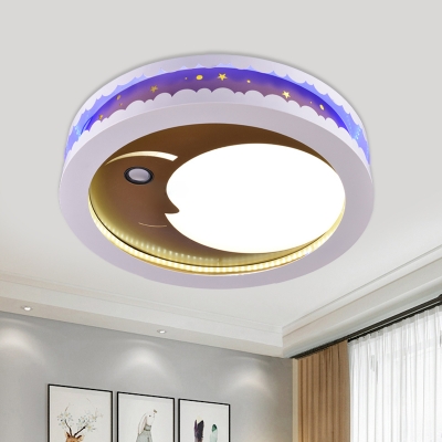 Round Acrylic Ceiling Flush Kids Pink/Blue/Gold LED Flush Mount Light Fixture with Crescent Moon Pattern
