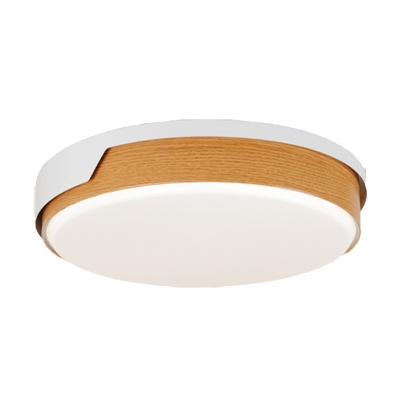 Round Bedroom Ceiling Lighting Wood Nordic Style LED Flush Mount Fixture with Shell Guard