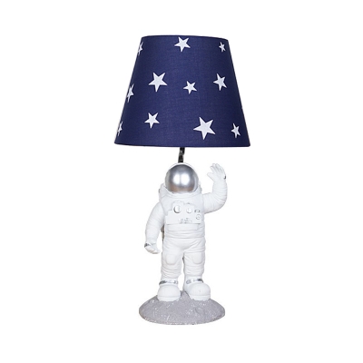 Silver/Blue Barrel Table Lighting Cartoon LED Fabric Night Lamp with Astronaut Base and Star Pattern