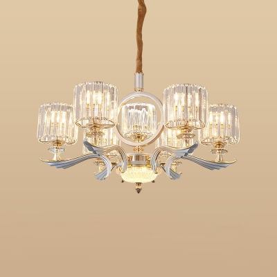 Silver Cylinder Pendant Chandelier Contemporary Crystal Block 6/8 Lights Dining Room Suspension Lamp