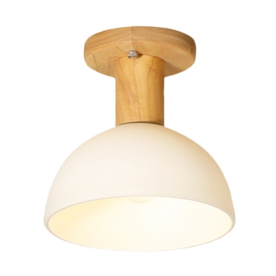 Simple Dome Semi Flush Light Fixture White Glass 1 Bulb Hallway Ceiling Mounted Lamp in Wood