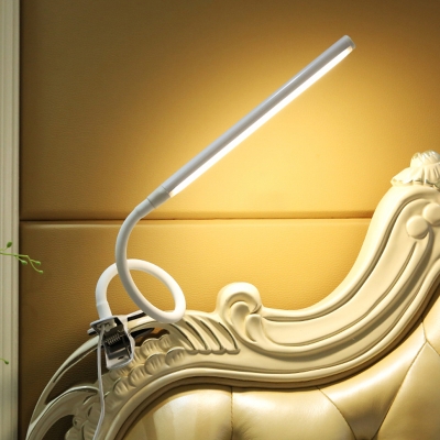 Simple Tube Clip on Desk Light Metallic Study Room Flexible LED USB Reading Light in White