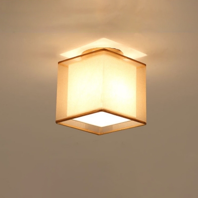 Square/Cylinder Foyer Mini Flush Light Vintage Fabric 1 Bulb Brass Ceiling Mount Lamp with 2-Shade Design