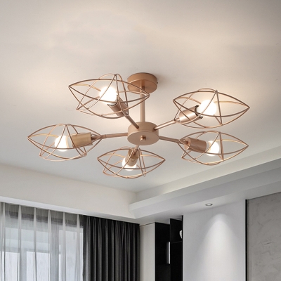 Star Shaped Cage Semi Flush Contemporary Iron 5 Heads Rose Gold Ceiling Mount Light Fixture