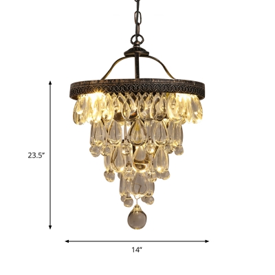 Tapering Crystal Drip Chandelier Traditional 3 Bulbs Bedroom Hanging Light Fixture with Black Trim