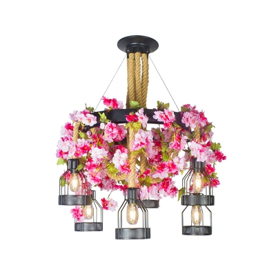 Warehouse Caged Chandelier Lighting 6/12 Bulbs Rope Drop Pendant in Black with Pink Cherry Blossom