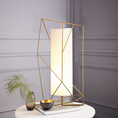 White Fabric Cylinder Table Light Modernist 1-Light Gold Night Lamp with Geometric Cage
