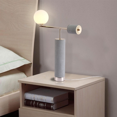 White Glass Ball Night Table Light Industrial-Style 1 Bulb Bedside Desk Lamp in Grey with Tube Cement Base