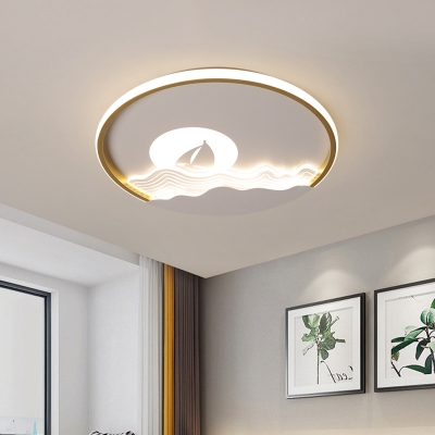 White Sea and Sun Ceiling Flush Modern LED Acrylic Flush Mount Lighting in White/Warm Light for Bedroom