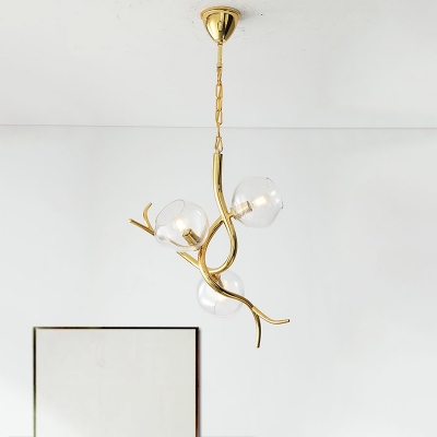 Winding Vine Chandelier Minimalist Clear Glass 3 Heads Gold Pendant Light Fixture over Table