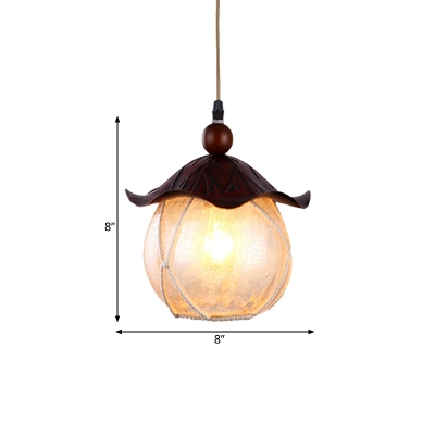 Yellow Crackle Glass Brown Hanging Lamp Globe 1 Light Traditional Suspension Pendant Light with Scalloped Shade