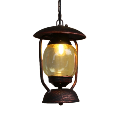 Yellow Glass Kerosene Pendulum Light Vintage 1 Light Corridor Metal Suspension Pendant in Brass/Bronze