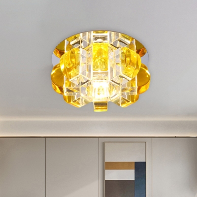 Yellow LED Ceiling Lamp Minimalist Crystal Block Floral Flush Mount in Warm/White/Multi Color Light