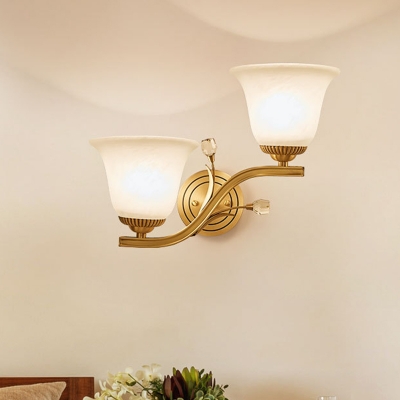 1/2-Light Bell Wall Sconce Traditional Brass Frosted Glass Wall Mount Fixture with Arm