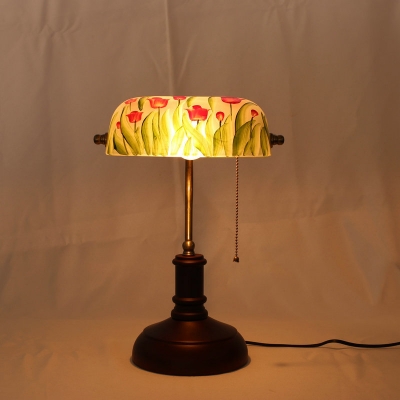 1 Bulb Night Table Light Antiqued Flower Green Print Glass Table Lamp with Pull Chain
