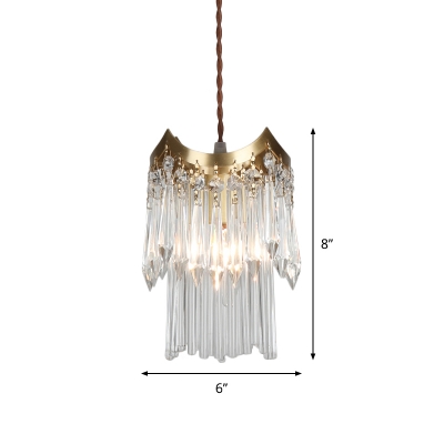 1 Bulb Pendulum Light Retro Style 2-Tier Beveled K9 Crystal Rod Hanging Lamp in Brass