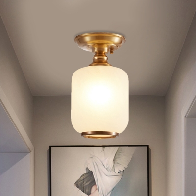 1 Head Milk Glass Semi Flush Light Vintage Brass Cylinder Passage Ceiling Mounted Lamp