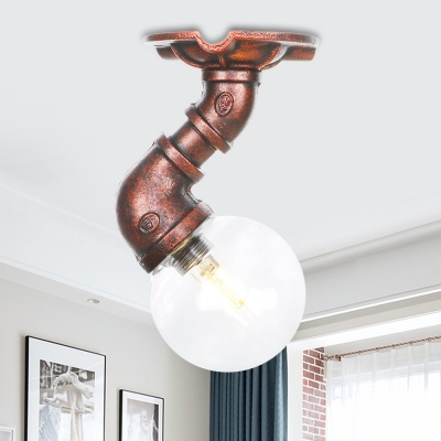 1-Light Ball Semi Flush Industrial Copper Finish Clear Glass LED Close to Ceiling Lighting