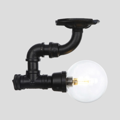 1 Light Ball Semi Flush Lighting Industrial Black Clear Glass LED Close to Ceiling Lamp