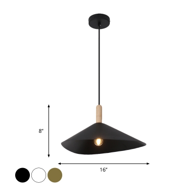 1-Light Down Lighting Farmhouse Cone Metal Pendulum Lamp in Black/White/Gold with Wood Top for Bedside