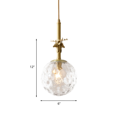 1-Light Hammered Glass Pendulum Light Minimalism Brass Orb Bedside Pendant Lighting Fixture