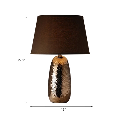 1-Light Hammered Ovoid Table Light Retro Brown Ceramic Nightstand Lamp with Tapered Fabric Shade