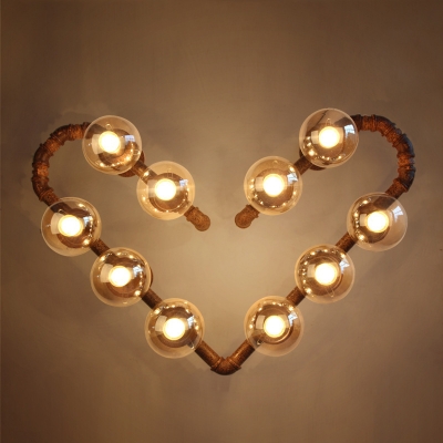 10 Lights Heart Shape Sconce Light Vintage Rust Metal Pipe Wall Lamp Fixture with Orb Clear Glass Shade